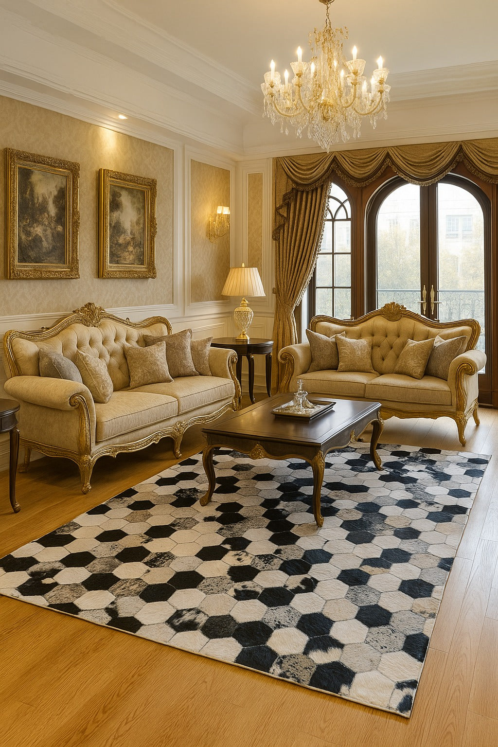 Luxurious living room with gold sofas, chandelier, and hexagonal rug.