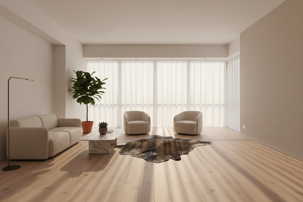 Black and white cowhide rug on a white background
