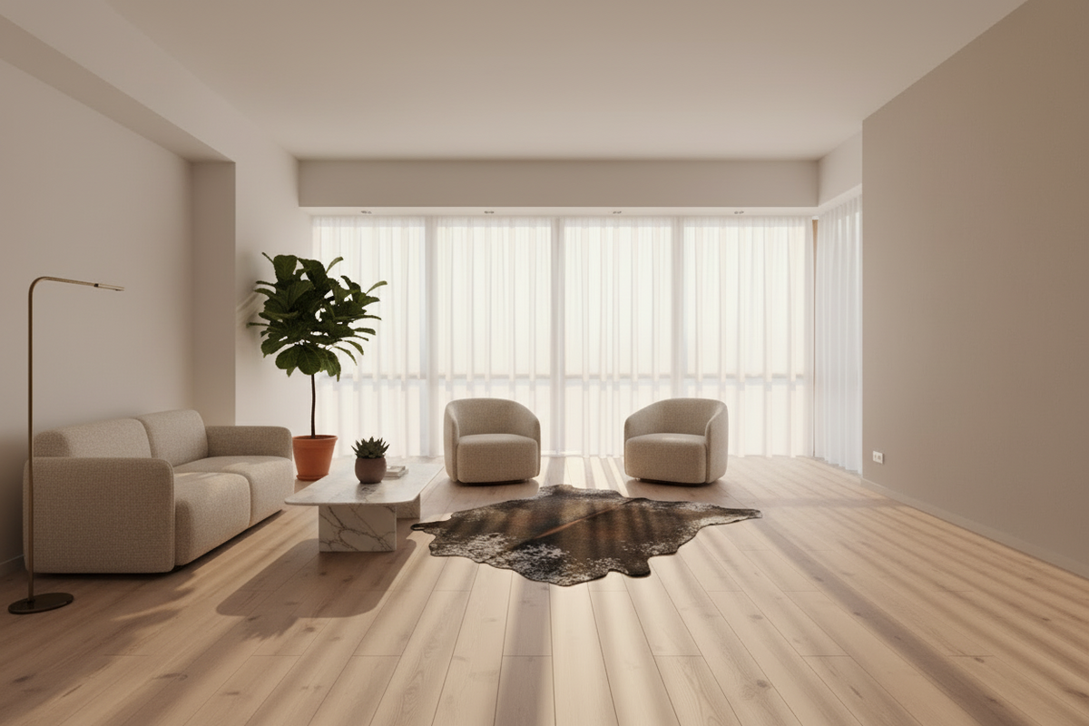 Black and white cowhide rug on a white background