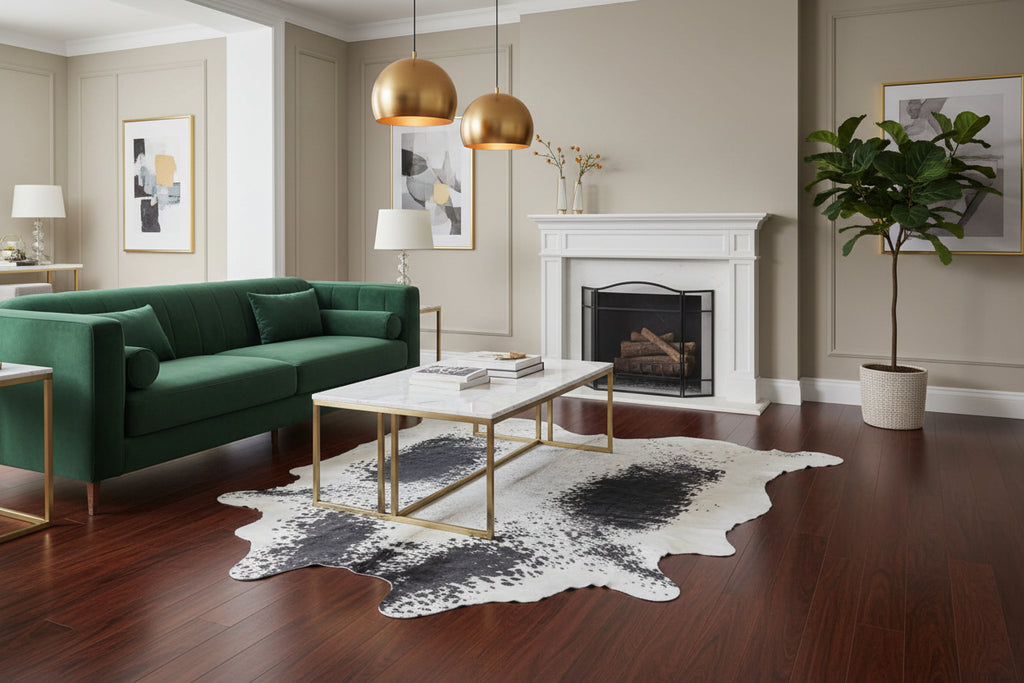 Cowhide rug with black spots on a white background