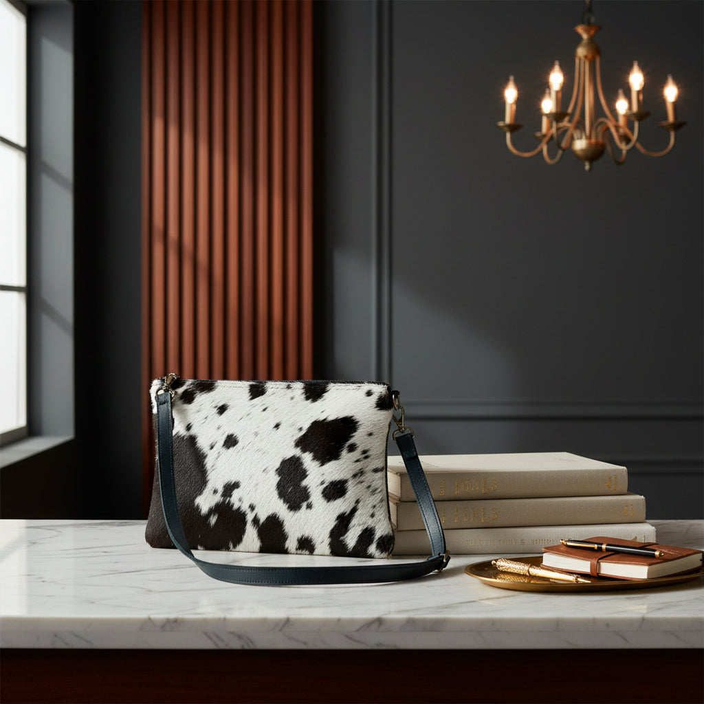 Nguni Cowhide Sling Bag with Genuine Leather Strap White & Black | The Hide Shop Fourways