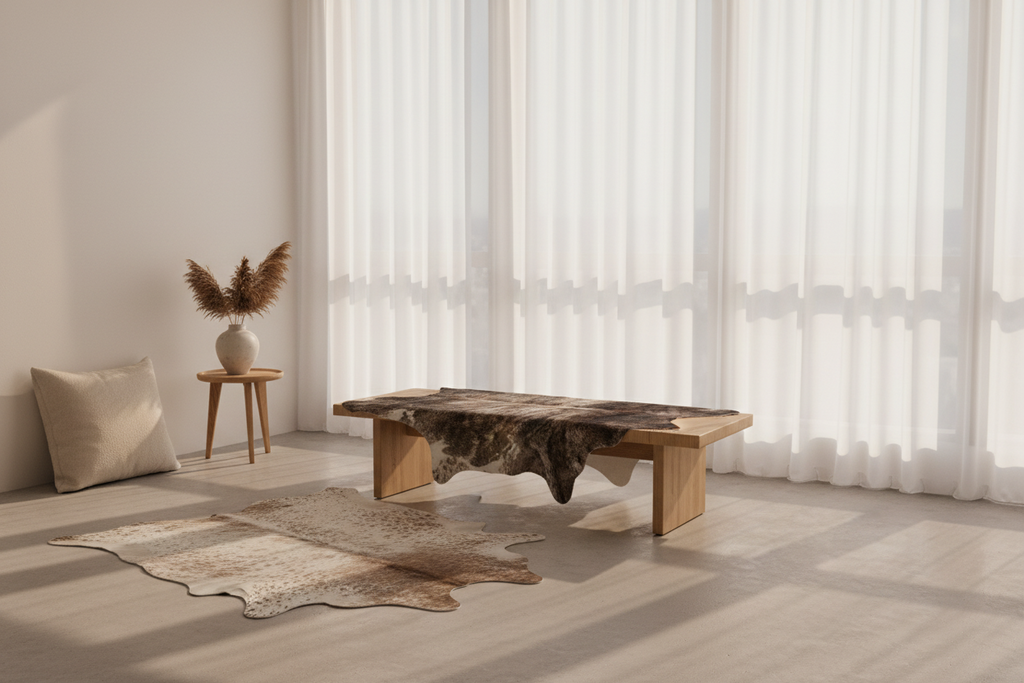 Cowhide rug with a mix of brown, black, and gray colors on a white background