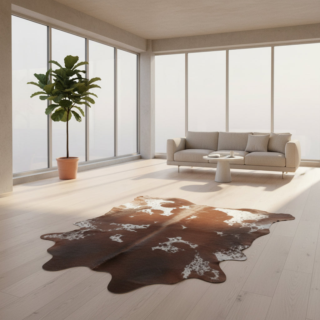 Brown and white cowhide rug on a black background