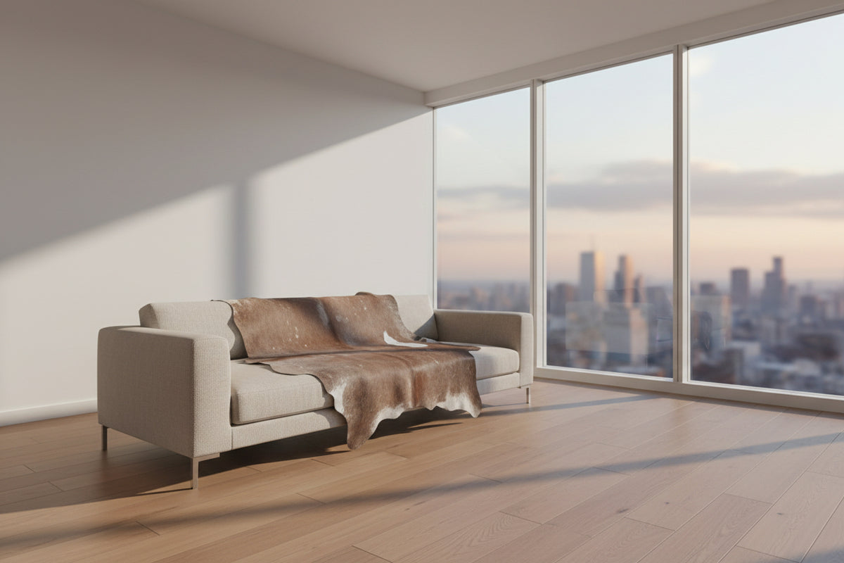 Brown cowhide rug with white spots on a black background