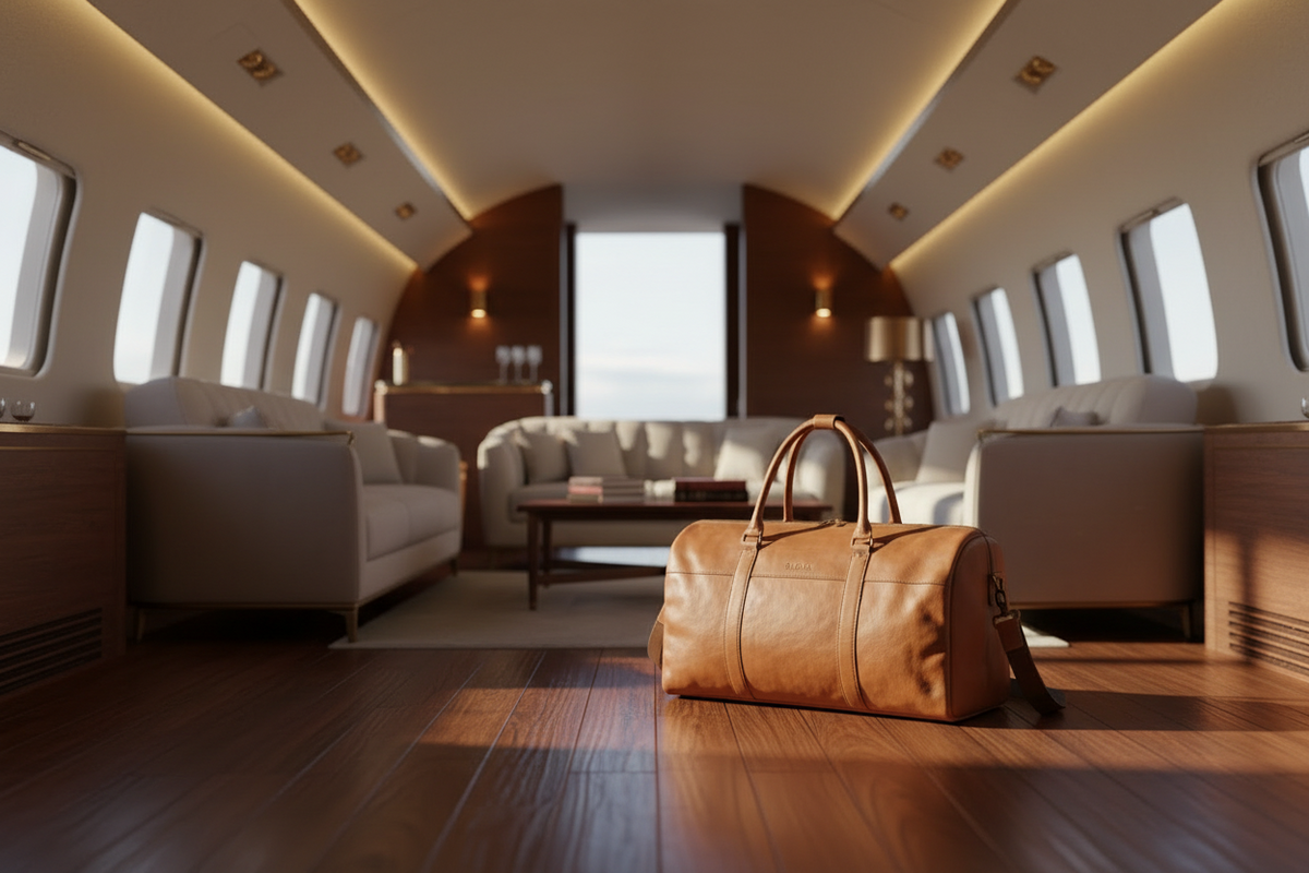 Brown leather duffel bag with a strap on a white background