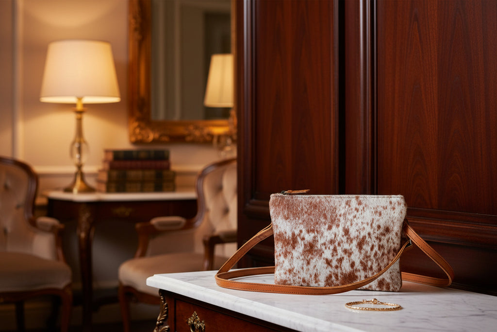 Nguni Cowhide Sling Bag with Genuine Leather Strap Brown & White | The Hide Shop Fourways