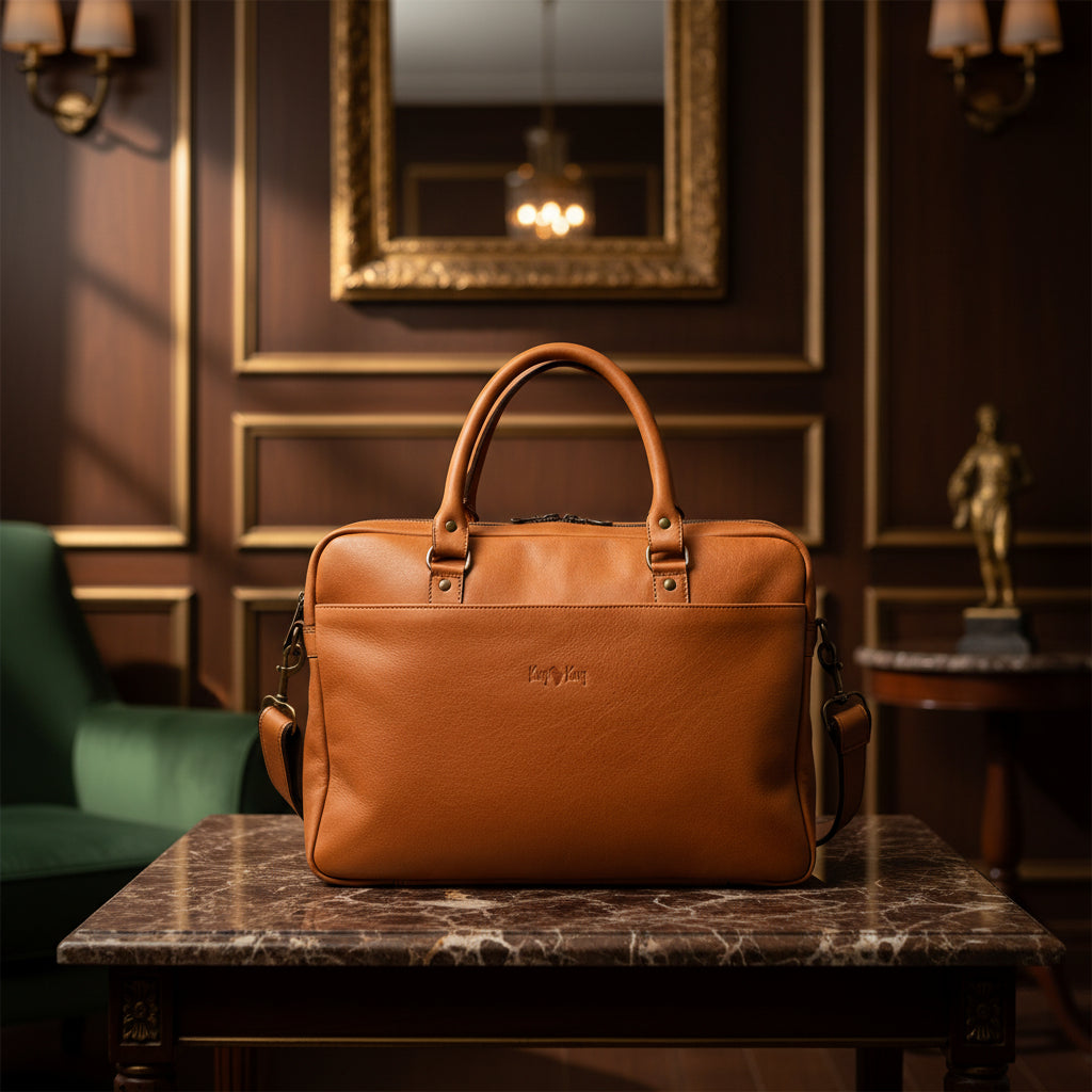 Brown leather bag with visible brand logo on a white background