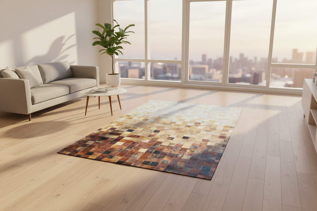 Patchwork rug with multicolored square patterns on a white background