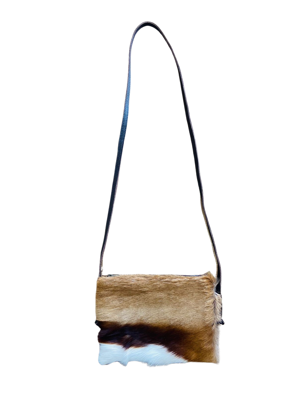 Crossbody bag with a natural cowhide pattern on a white background