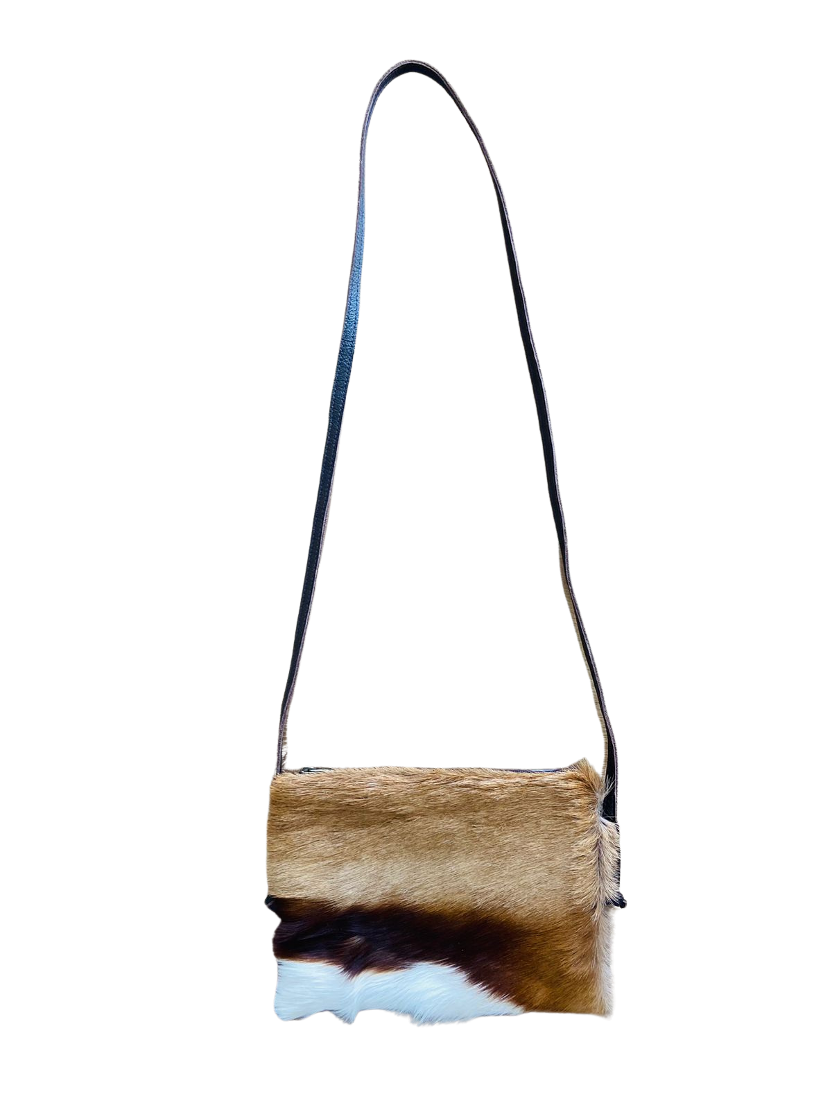 Crossbody bag with a natural cowhide pattern on a white background