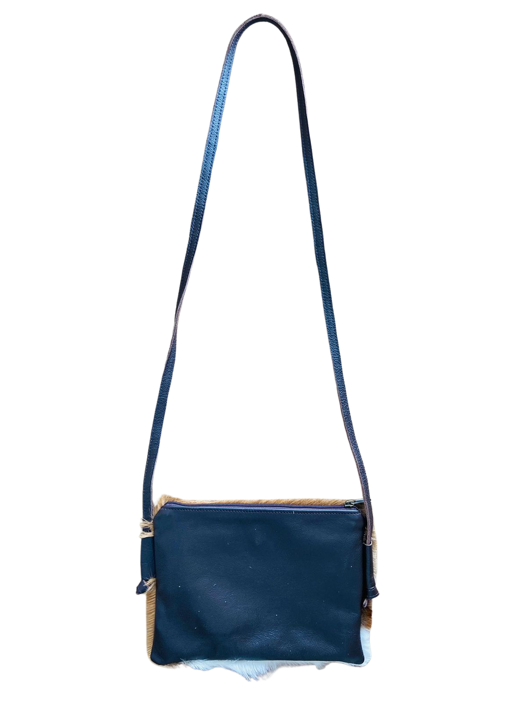 Blue leather crossbody bag with a strap on a white background