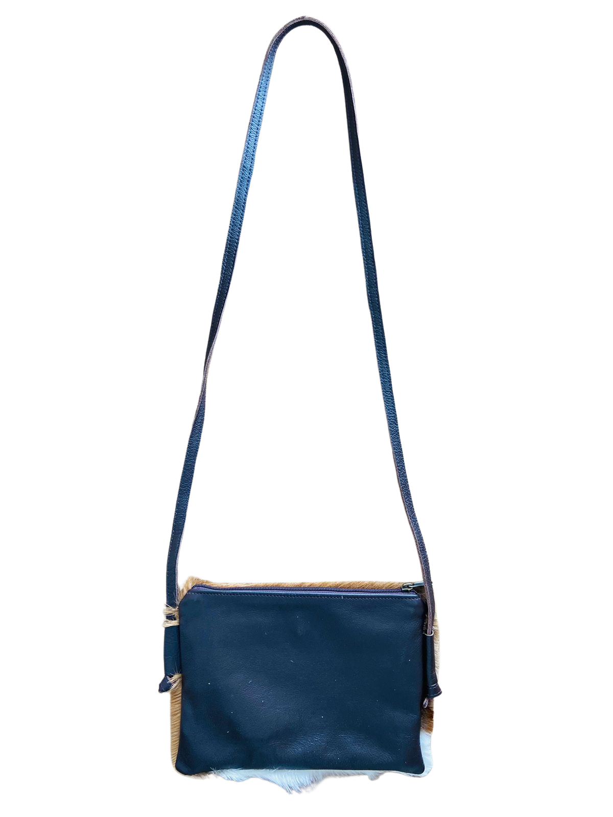 Blue leather crossbody bag with a strap on a white background