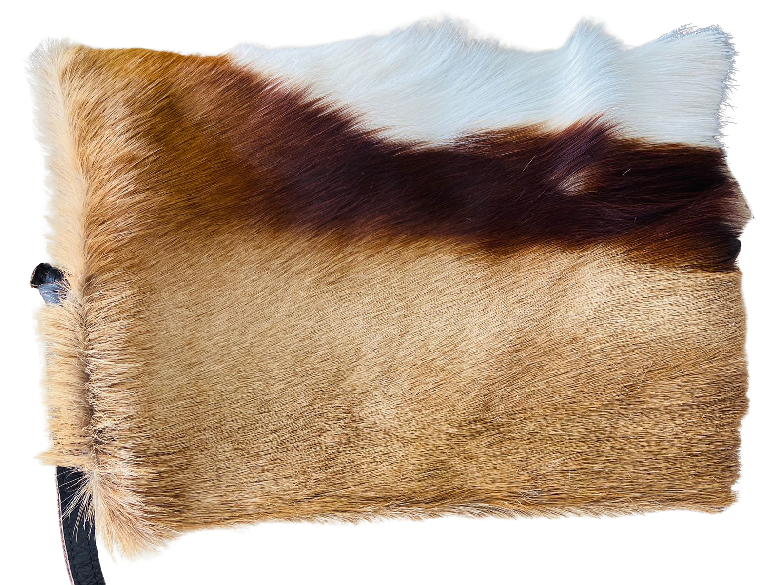 Horse hair pouch with brown, black, and white pattern on a white background