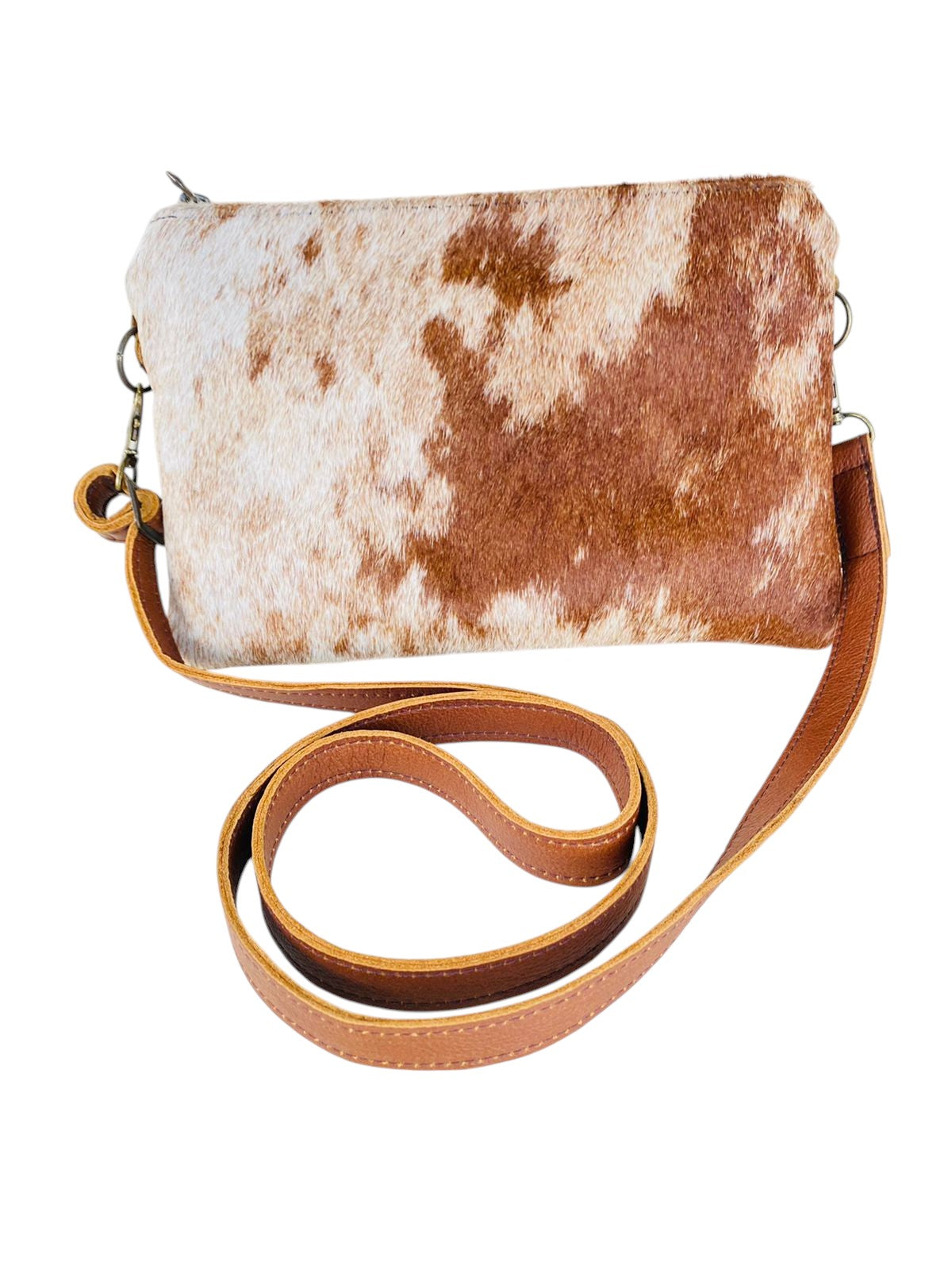 Nguni Cowhide Sling Bag with Genuine Leather Strap 20cm x 15 cm White and Brown - THS19302