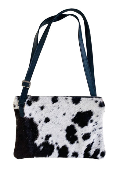 Nguni Cowhide Sling Bag with Genuine Leather Strap 20cm x 15 cm White and Black - THS28473