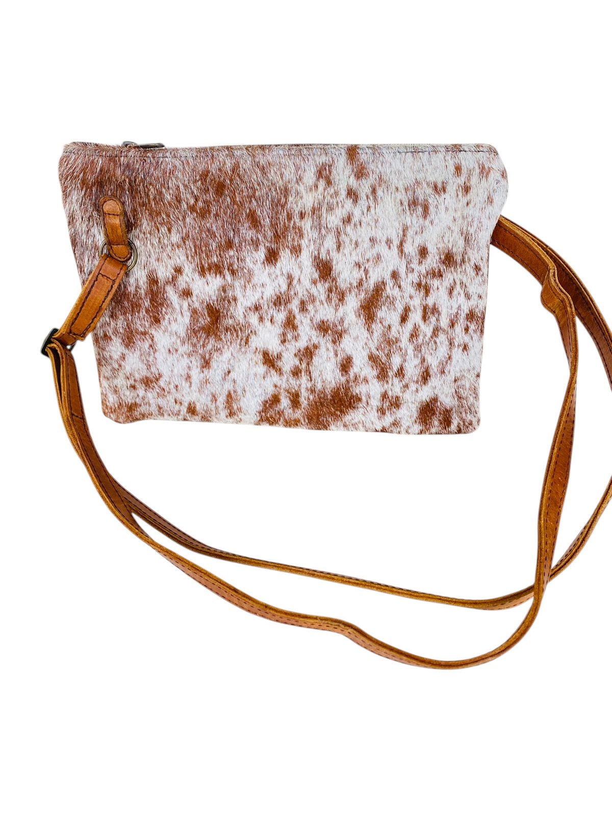 Nguni Cowhide Sling Bag with Genuine Leather Strap 20cm x 15 cm Brown and White - THS39274