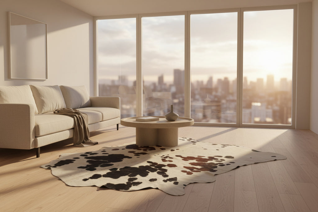 Cowhide rug with black and brown spots on a white background