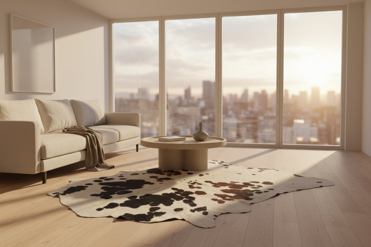 Cowhide rug with black and brown spots on a white background