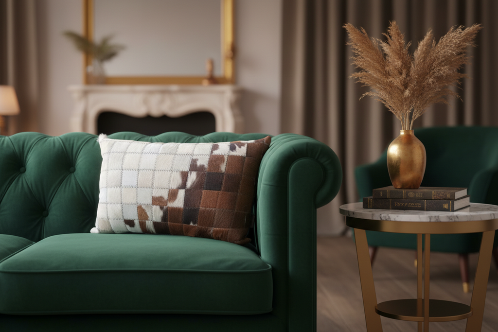 Patchwork pillow with brown and beige pattern on a white background
