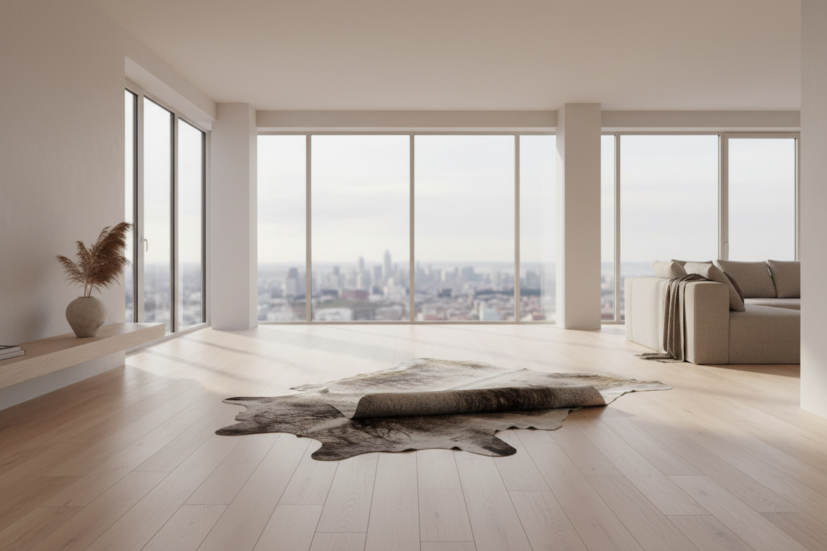 Two cowhide rugs with different patterns on a white background